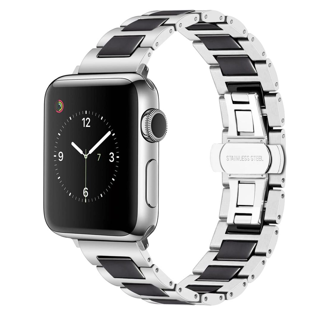 YISIWERA 49mm 45mm 44mm 42mm Armband Kompatibel für Apple Watch Schwarze Keramik Silber Metall Armba
