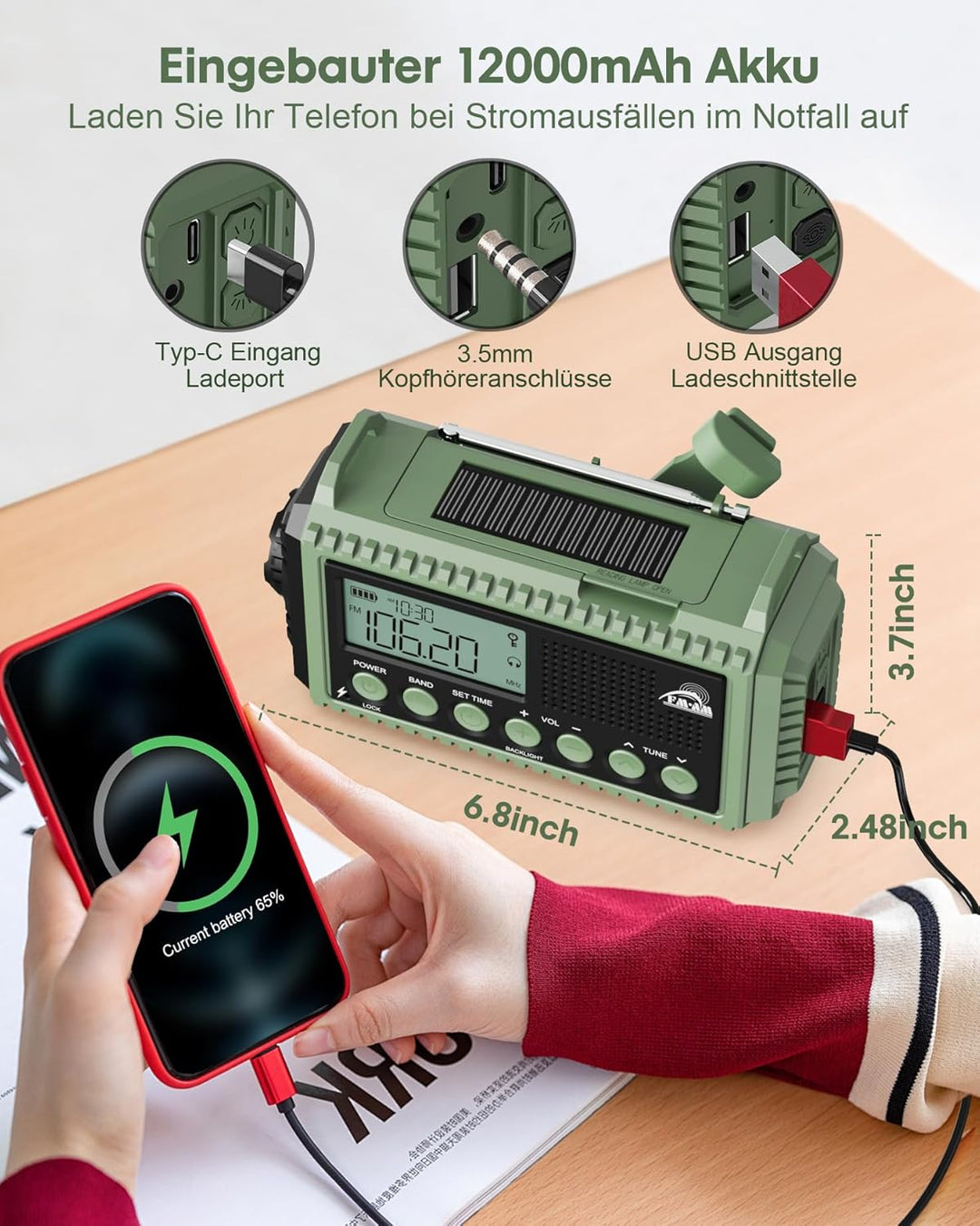 Roxicosly Kurbelradio Notfallradio AM/FM/SW Tragbares Solar Radio mit 12000mAh Akku, LCD Display,Tas