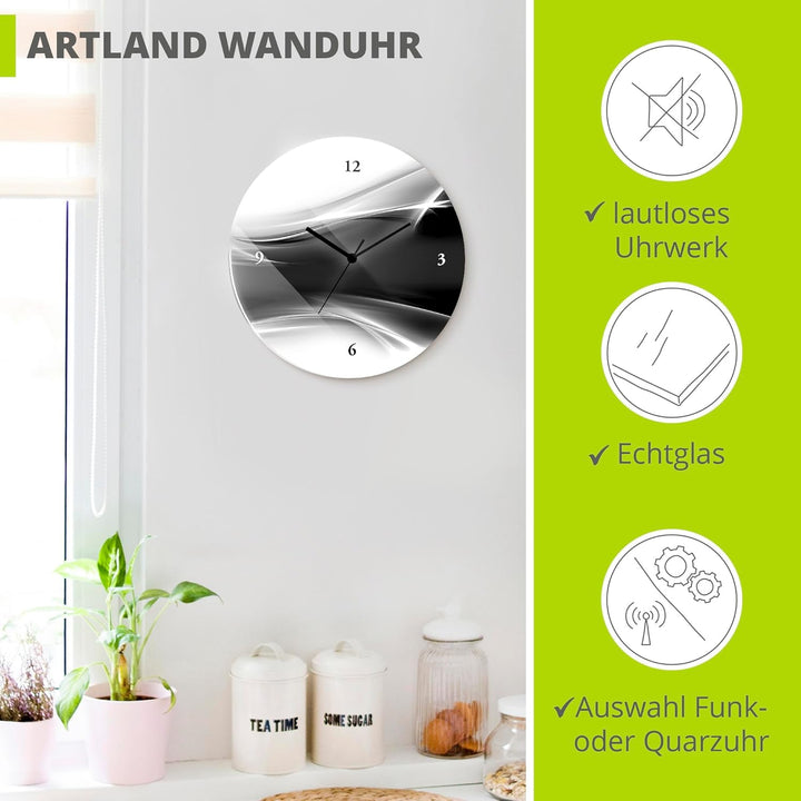 ARTLAND Wanduhr ohne Tickgeräusche Glas Quarzuhr Ø 30 cm Rund Lautlos Design Abstrakt Kunst Modern A