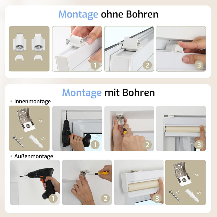 Grandekor Rollo Elektrisch 95x120cm Creme, Elektrisches Verdunklungsrollo Klemmfix ohne/mit Bohren,