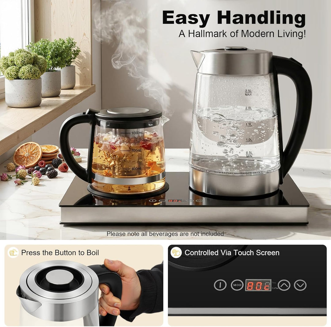 Elektrischer Wasserkocher 2,5L+1L Edelstahl & Glas Teekocher mit Warmhaltefunktion,Teesieb und LCD-T