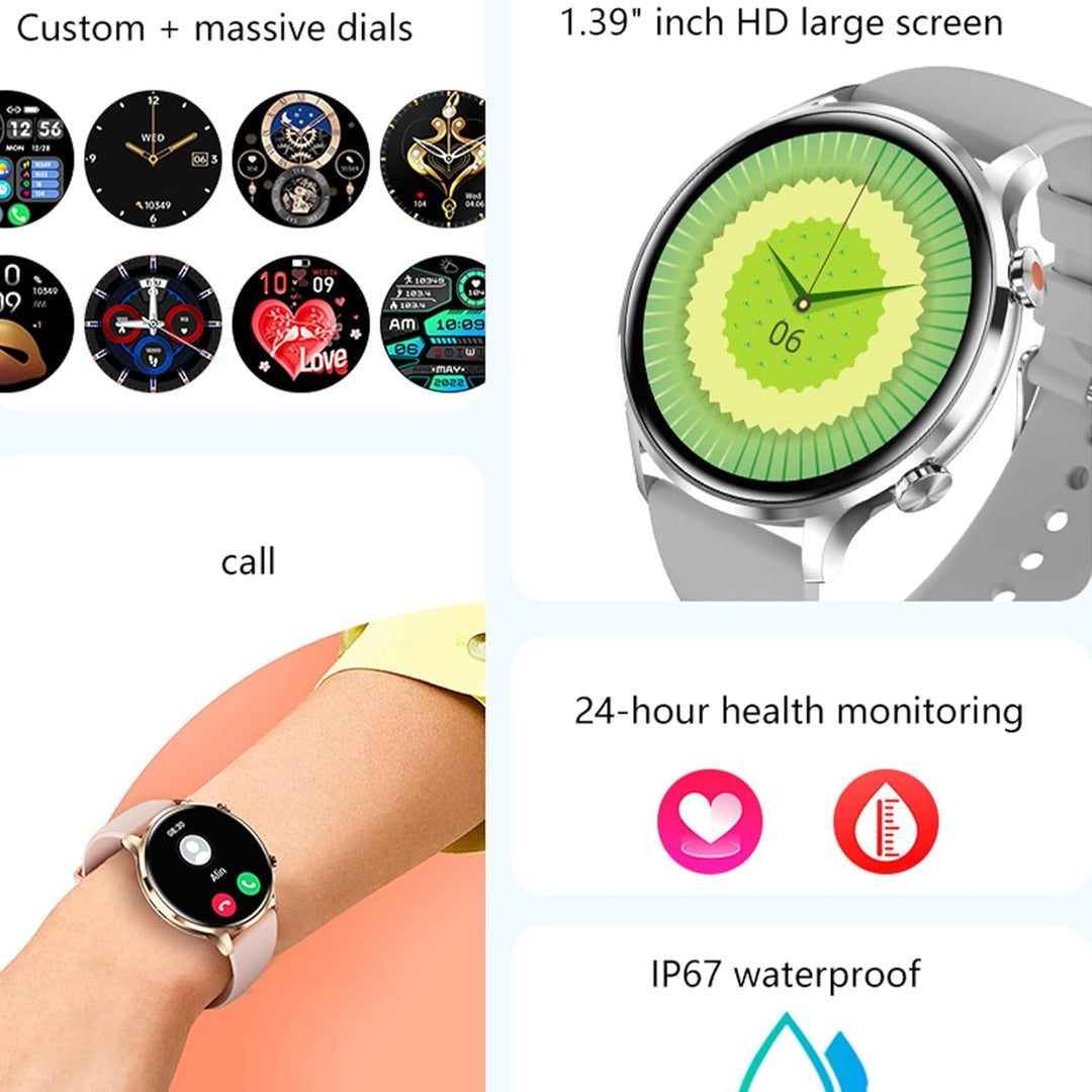 ZPIMY Smartwatch Damen mit Telefonfunktion, 1,39” AMOLED 5ATM wasserdichte Fitnessuhr Herren mit Tas