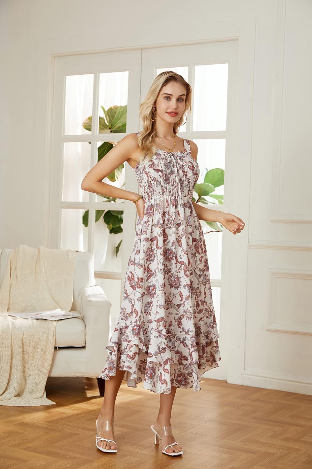 GRACE KARIN Damen langes Blumenkleid Ärmellos Spaghettiträger Freizeitkleid Böhmisch Maxikleid Stran