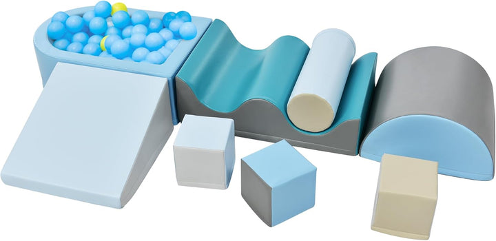 Schaumstoffbausteine 9-teilig mit Bällebad und Rutsche – Indoor Klettergerüst mit Ballpool, wasserfe