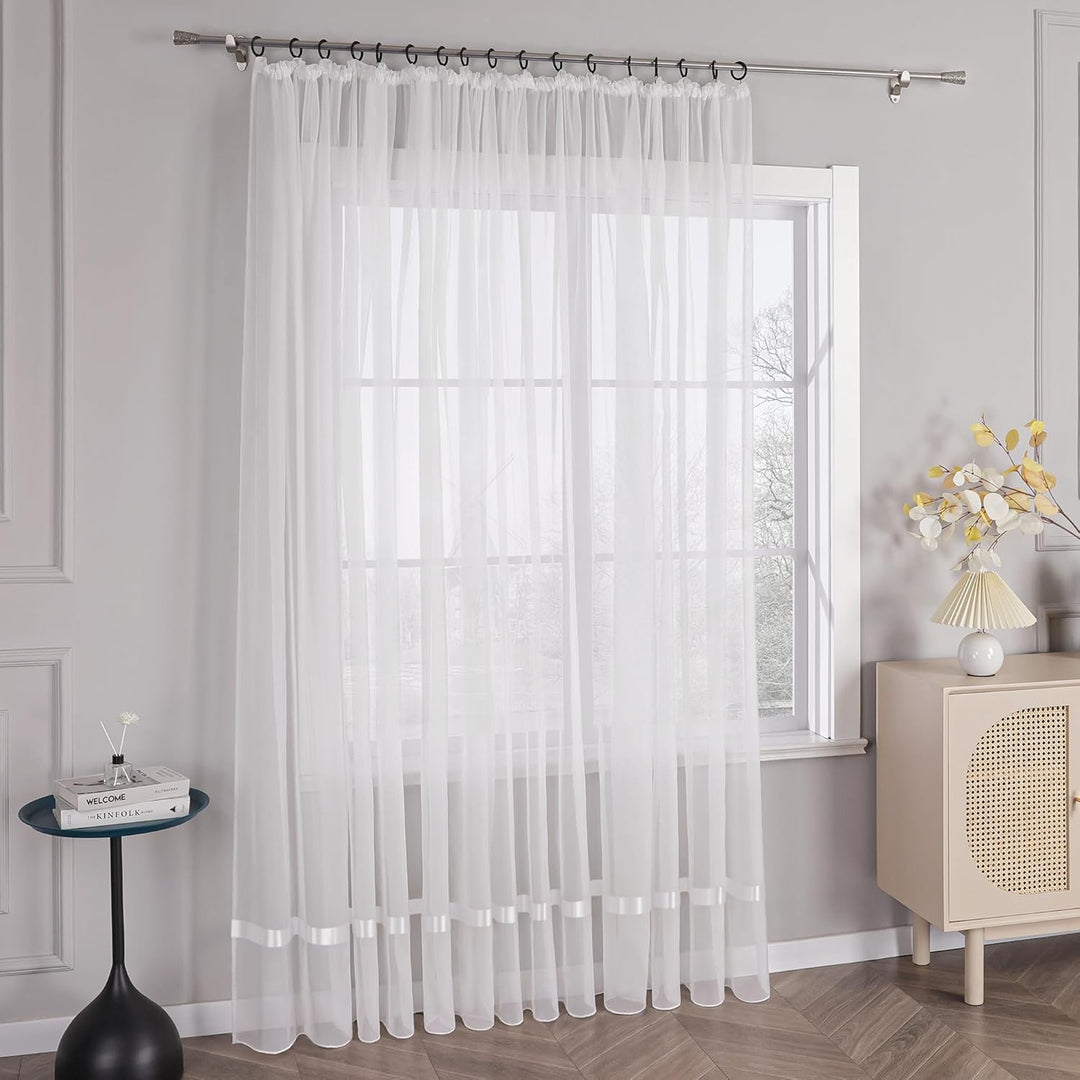 HongYa Stores Voile Gardine Schal Transparenter Vorhang mit Satinband Kräuselband H/B 245/450 cm Wei