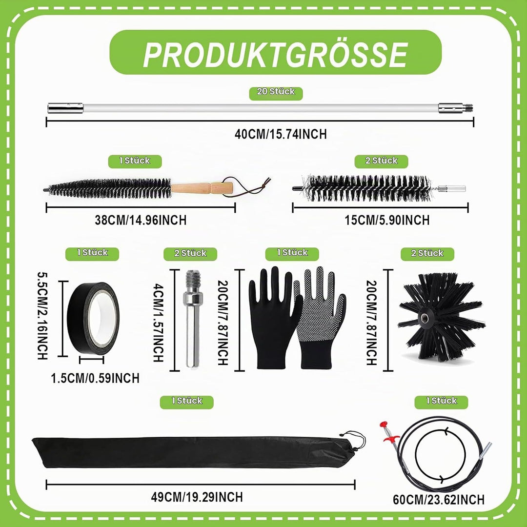31 Kaminbürsten Set Premium (150mm Bürstenkopf) - 20x Flexible Stangen Inkl. 2 Bürsten, Trocknerbürs