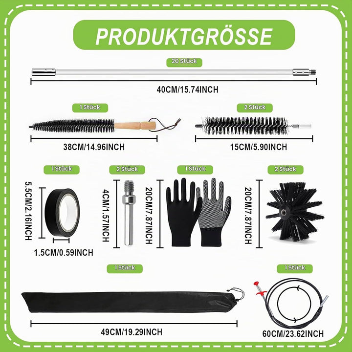 31 Kaminbürsten Set Premium (150mm Bürstenkopf) - 20x Flexible Stangen Inkl. 2 Bürsten, Trocknerbürs