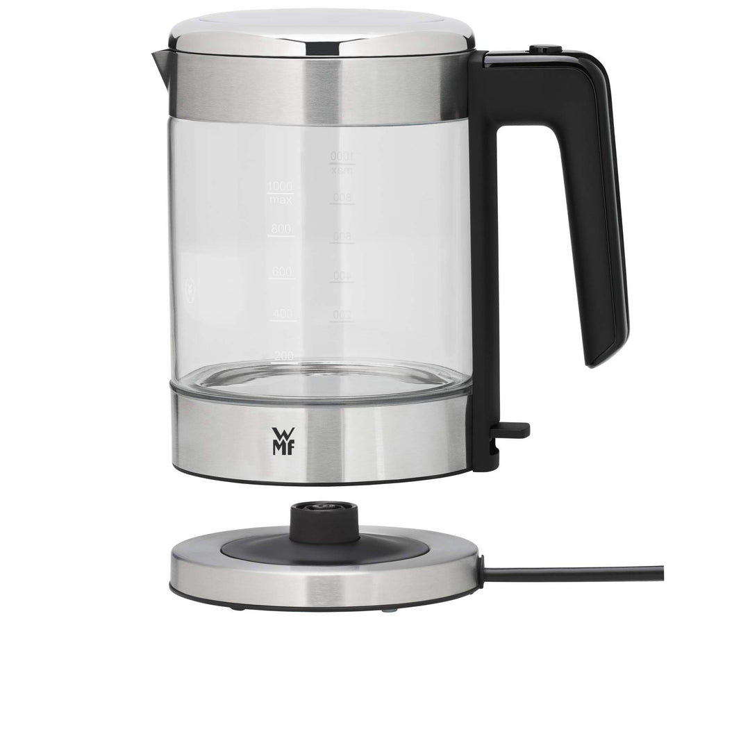WMF Küchenminis Glas-Wasserkocher 1l, kabelloser Wasserkocher klein, Wasserstandanzeige, Kalk-Wasser