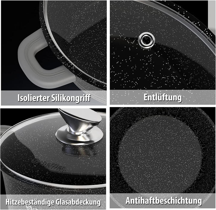 Topf Scheffler Kochtopf 24cm 4L mit Glasdeckel, Schmortopf mit Antihaftbeschichtung, Bratentopf Indu