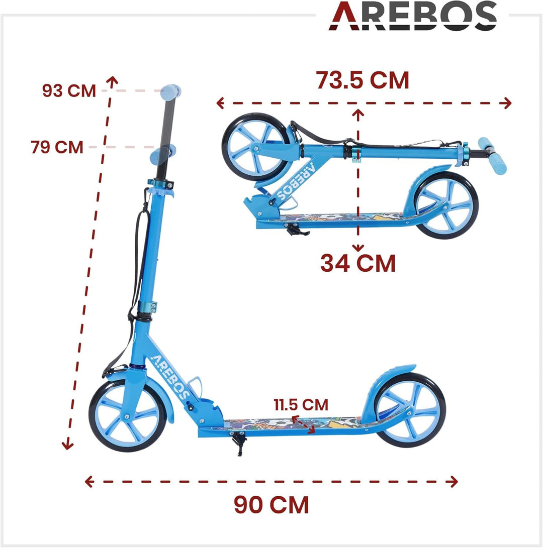 Arebos Cityroller Tretroller Scooter höhenverstellbar | klappbar | inkl. Traggurt | XXL Räder | Trit
