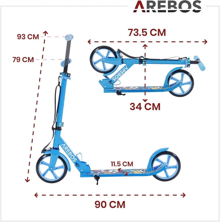 Arebos Cityroller Tretroller Scooter höhenverstellbar | klappbar | inkl. Traggurt | XXL Räder | Trit