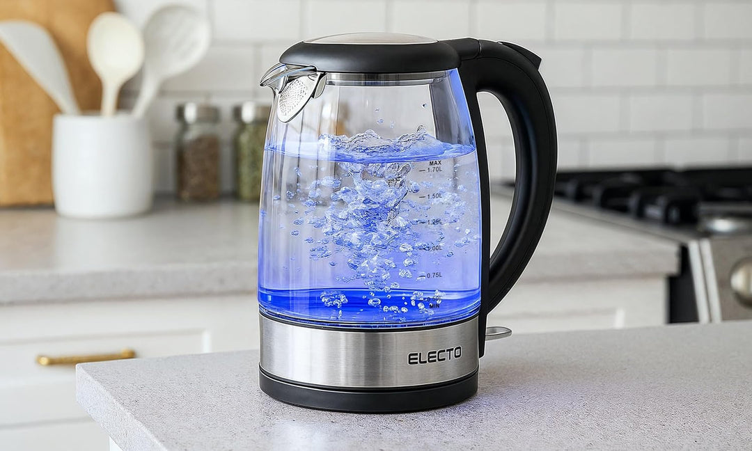 ELECTO Elektrischer Glaswasserkocher 1,7 L – 1800 W – LED-Beleuchtung – Edelstahlboden – Automatisch