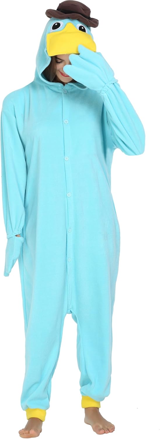 RANSUU Schnabeltier Kostüm Onesie Tier Jumpsuit Relaxo Kostuem Damen Herren Pyjama Halloween Schlafa