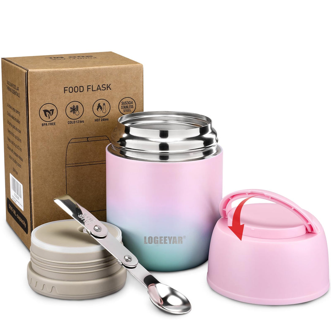 Itslife Thermobehälter für Essen 500ml, Warmhaltebehälter Essen Edelstahl mit Löffel, Thermobecher E