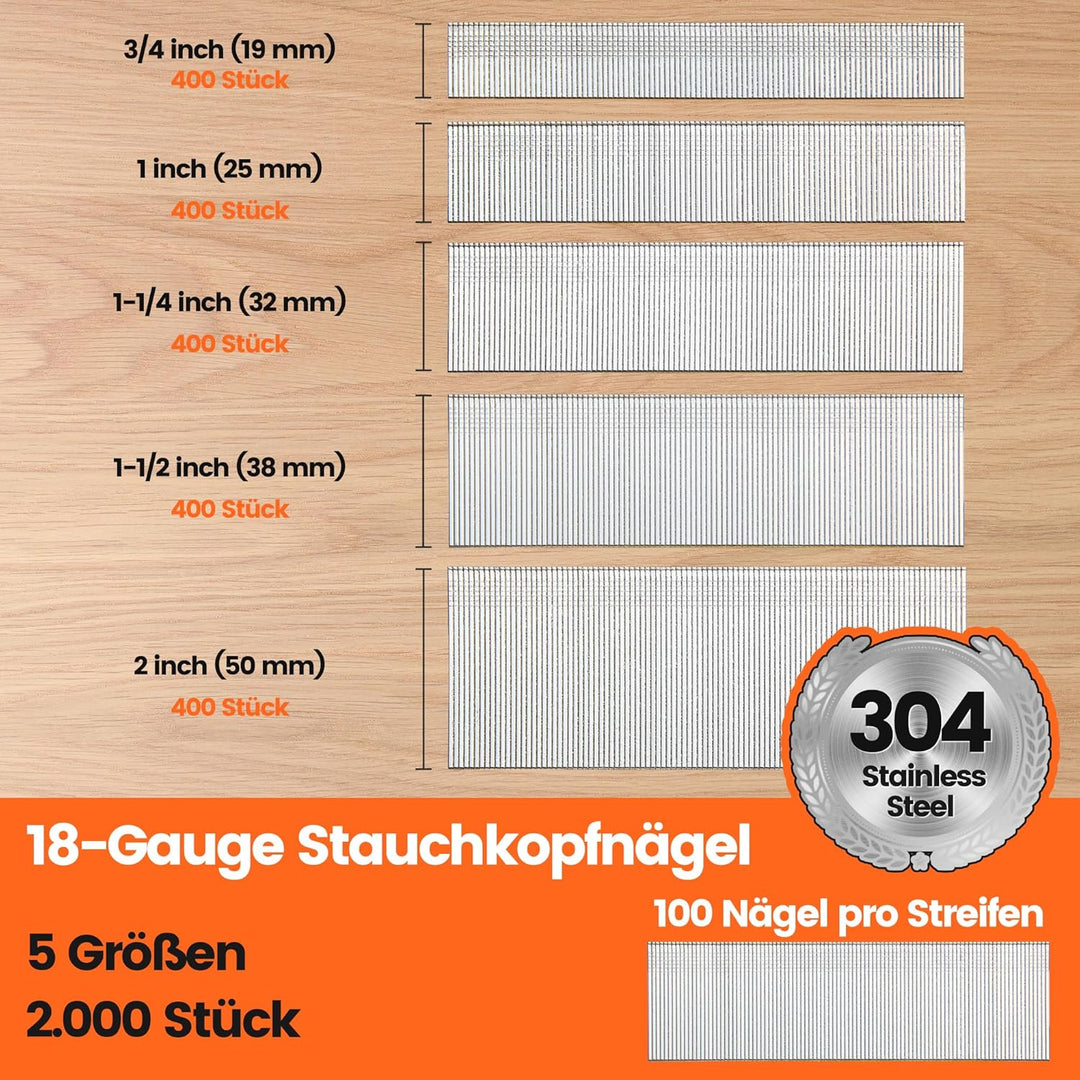 meite Edelstahl Stauchkopfnägel 18GA, 2.000 Stück Sortiment in 5 Grössen (19mm, 25mm, 32mm, 38mm, 50
