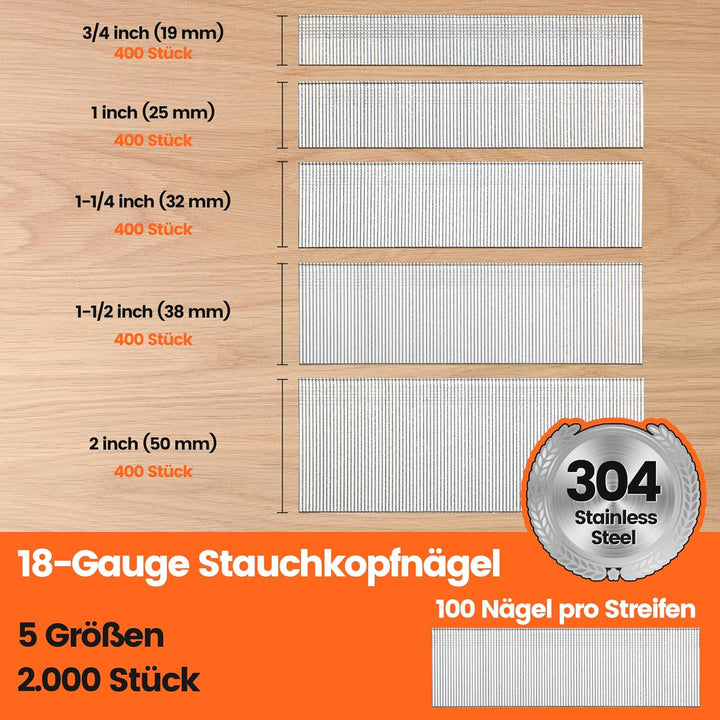 meite Edelstahl Stauchkopfnägel 18GA, 2.000 Stück Sortiment in 5 Grössen (19mm, 25mm, 32mm, 38mm, 50