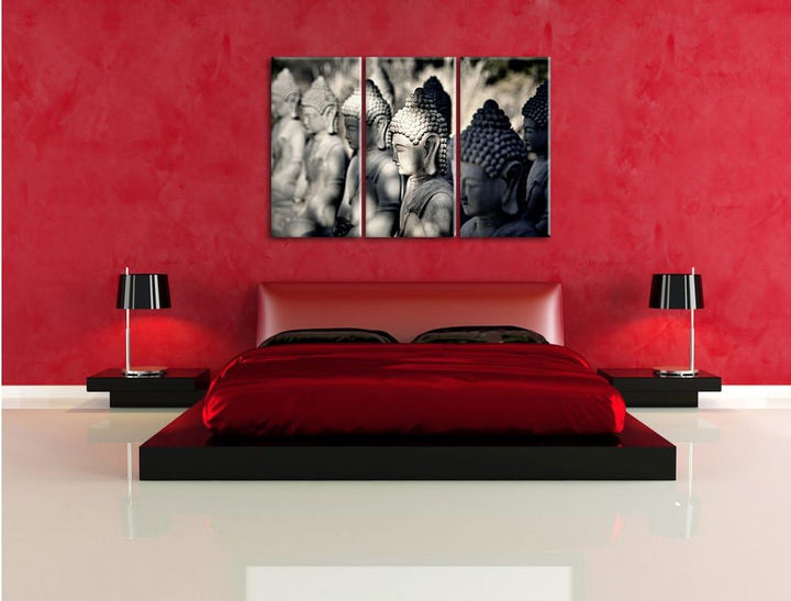 Pixxprint Buddha-Statuen in Einer Reihe als Leinwandbild/Grösse: 3 Teilig (120x80) cm/Wandbild/Kunst
