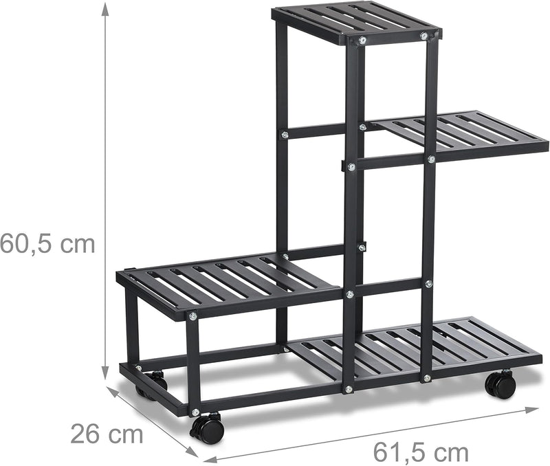 Relaxdays Blumenständer mit Rollen, HxBxT: 60,5 x 61,5 x 26 cm, Metall, 4 Ablagen, Pflanzenständer f