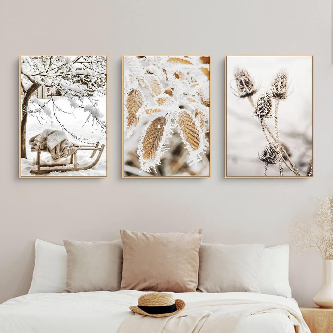 TROYSINC 3er Premium Poster Set, Winter Bilder, Elch, Holzhaus, Wald Wandkunst Wandbilder, Leinwand