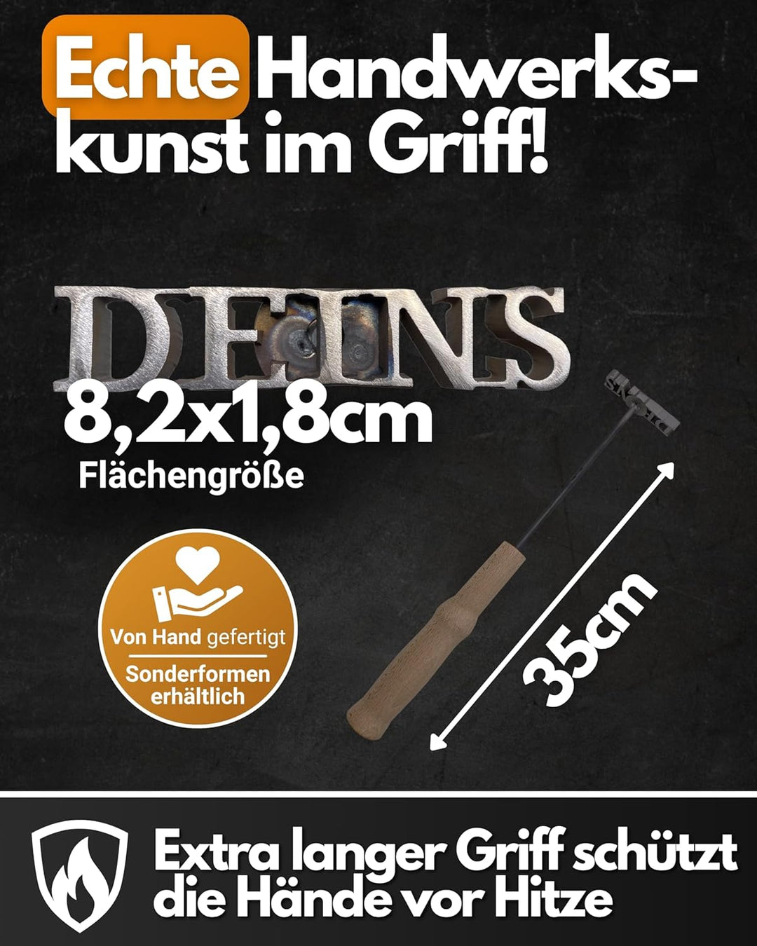 Feuerfest 123 Brennstempel mit Deins-Motiv I 8,2 x 1,8 x 35 cm I Hochwertiger Grill-Stempel aus robu