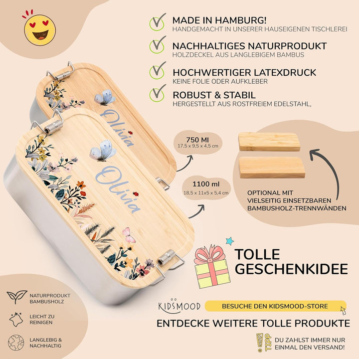 Kidsmood - Personalisierte Brotdose Kinder mit Fächern, Edelstahl Lunchbox mit Bambusdeckel | Schads