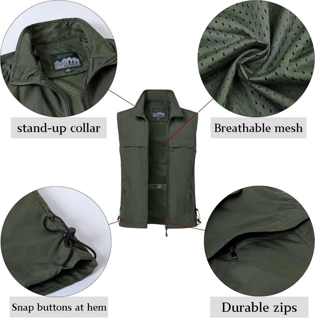 MeiLayM Herren Outdoor Angelweste Multi Pocket Weste Sommer Schnell Trocknende Weste Sport Reissvers