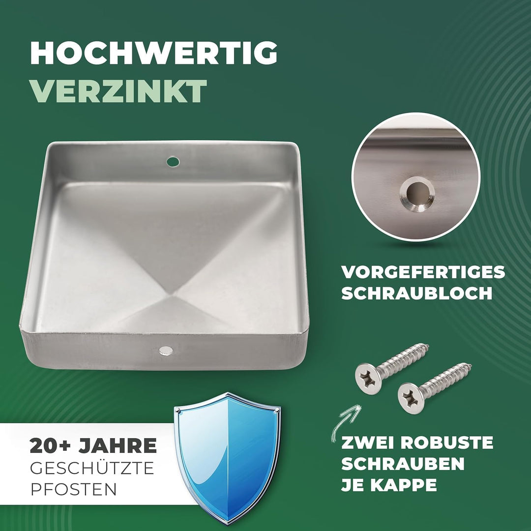 Novatool 10er-Set Pfostenkappen 91x91mm verzinkt mit Schrauben, Pfostenabdeckung Pfostenkappe 9,1cm