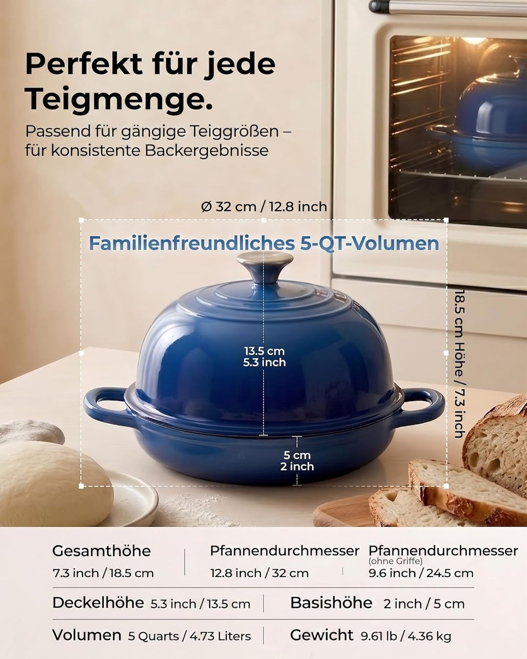 Armorbear Gusseisen Topf Brot Backen, 4,7L Bräter Emaille Schmortopf mit Deckel und Griffen, 24 cm D