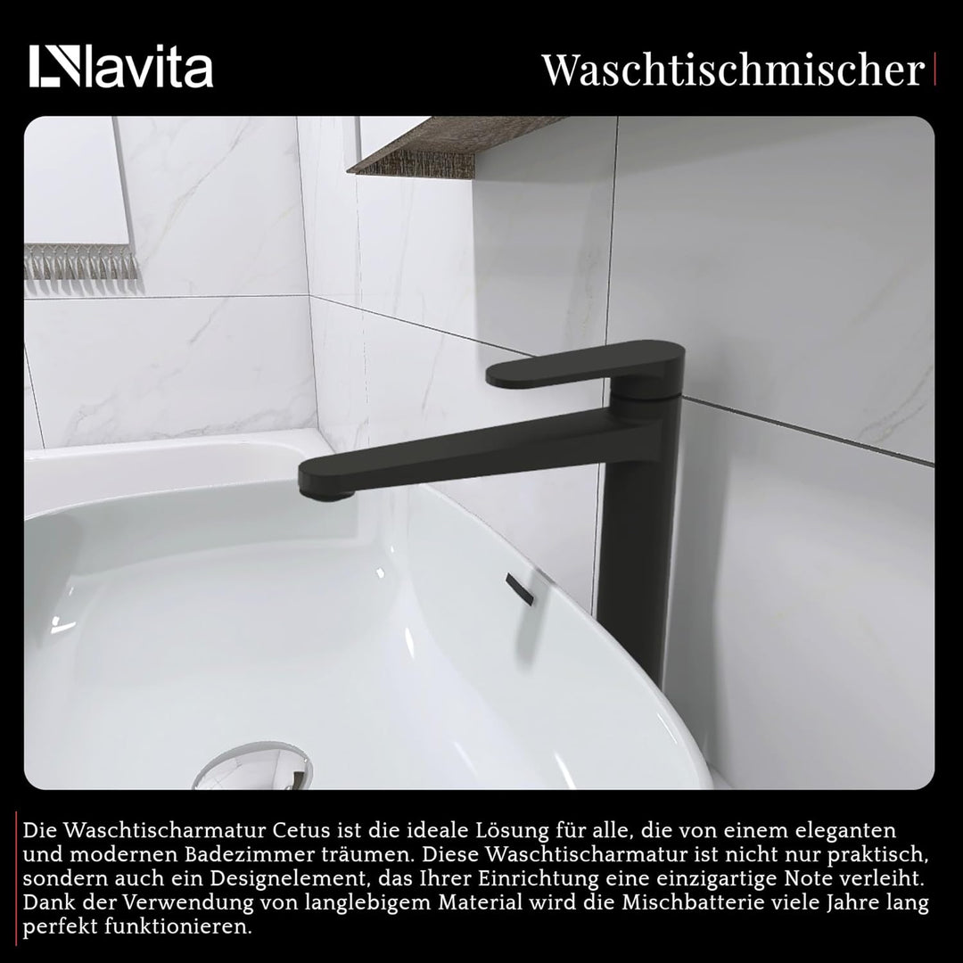 LAVITA Hoch Waschtischarmatur - Cetus Matt Schwarz Aufrechte Wasserhahn Bad Mischbatterie für Waschb