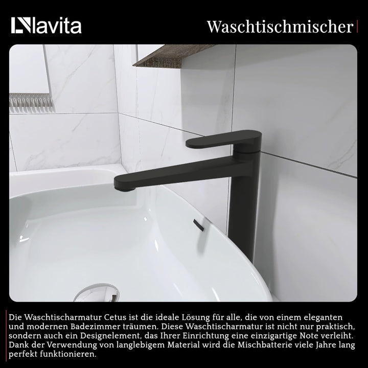 LAVITA Hoch Waschtischarmatur - Cetus Matt Schwarz Aufrechte Wasserhahn Bad Mischbatterie für Waschb
