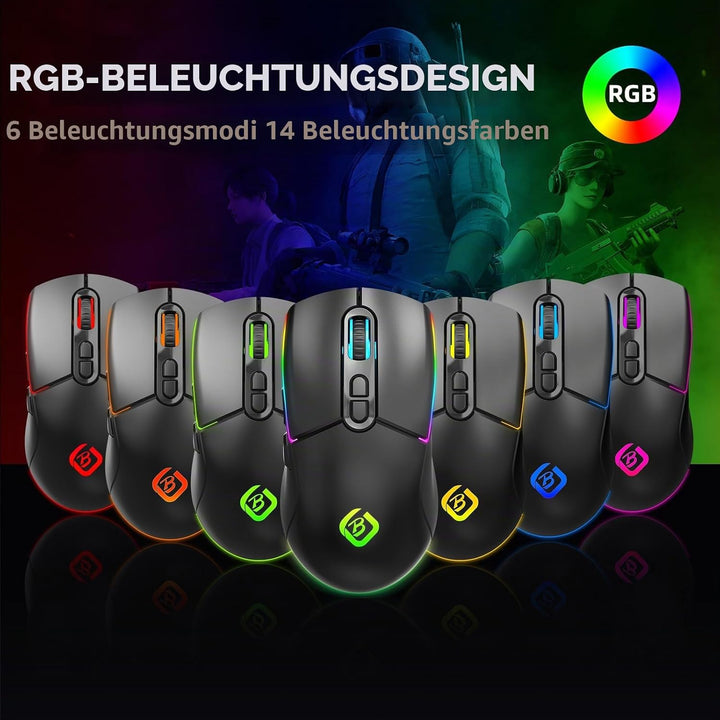 Kabellose Gaming Maus, Dual Mode 2.4GHz/Bluetooth 5.1 Maus Gaming, RGB LED Hintergrundbeleuchtung, E