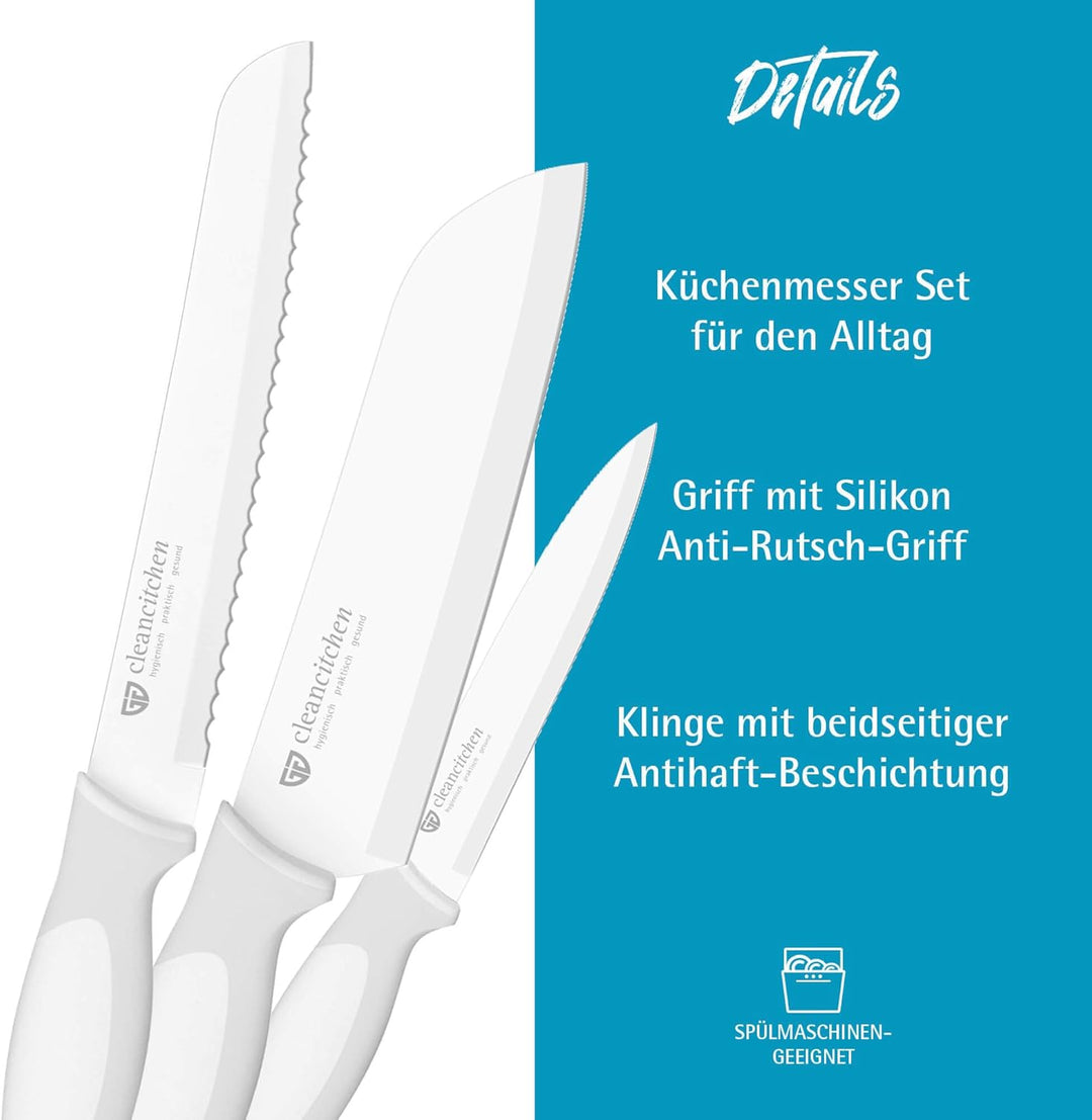 GRÄWE Küchenmesser-Set CleanCitchen 3-teilig,Weiss, Messer, Messerset, Brotmesser, Gemüsemesser, Obs
