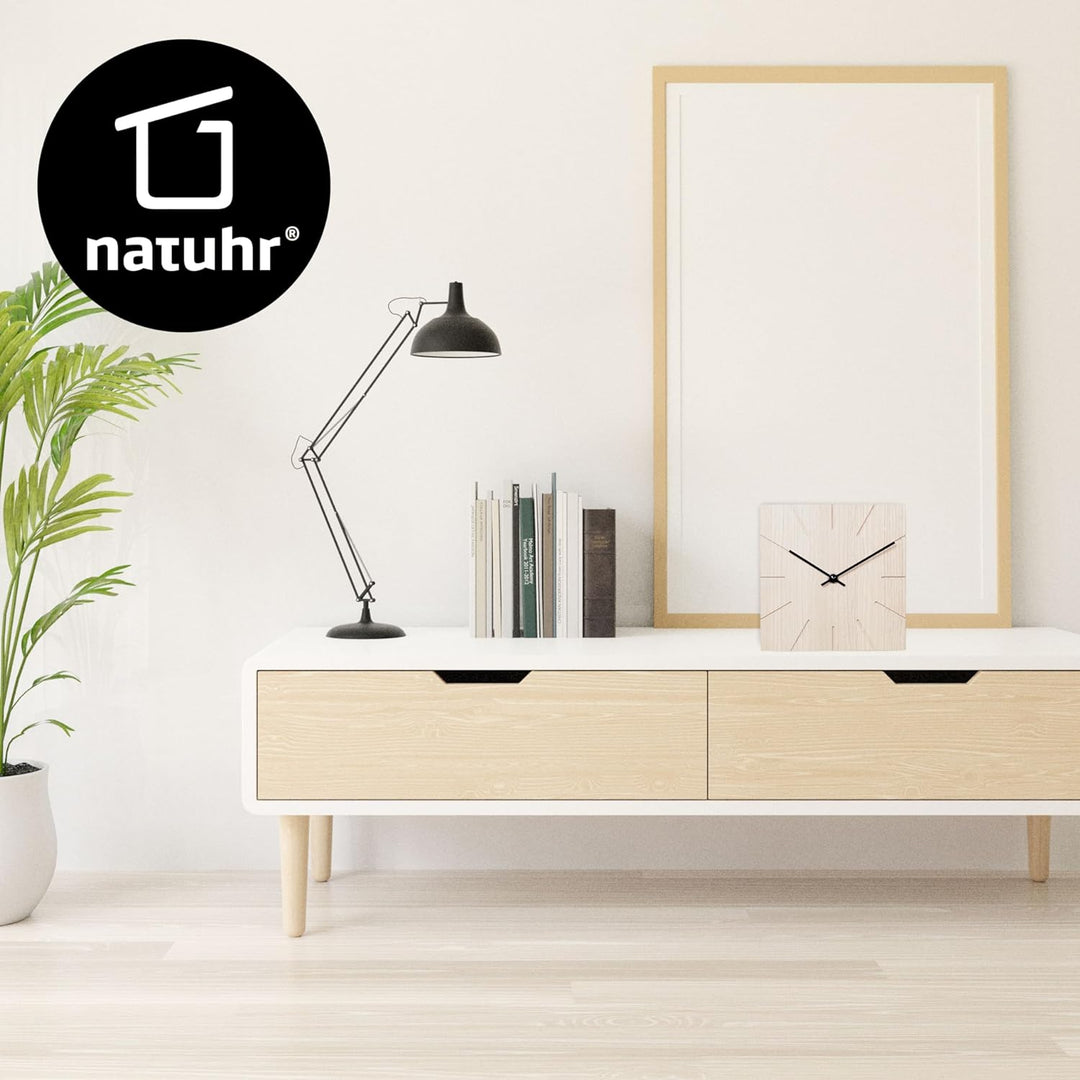 Natuhr Funkuhr Wanduhr Tischuhr Eiche Holz - Beam - geräuscharm Massivholz Design 17 x 17 cm (Eiche