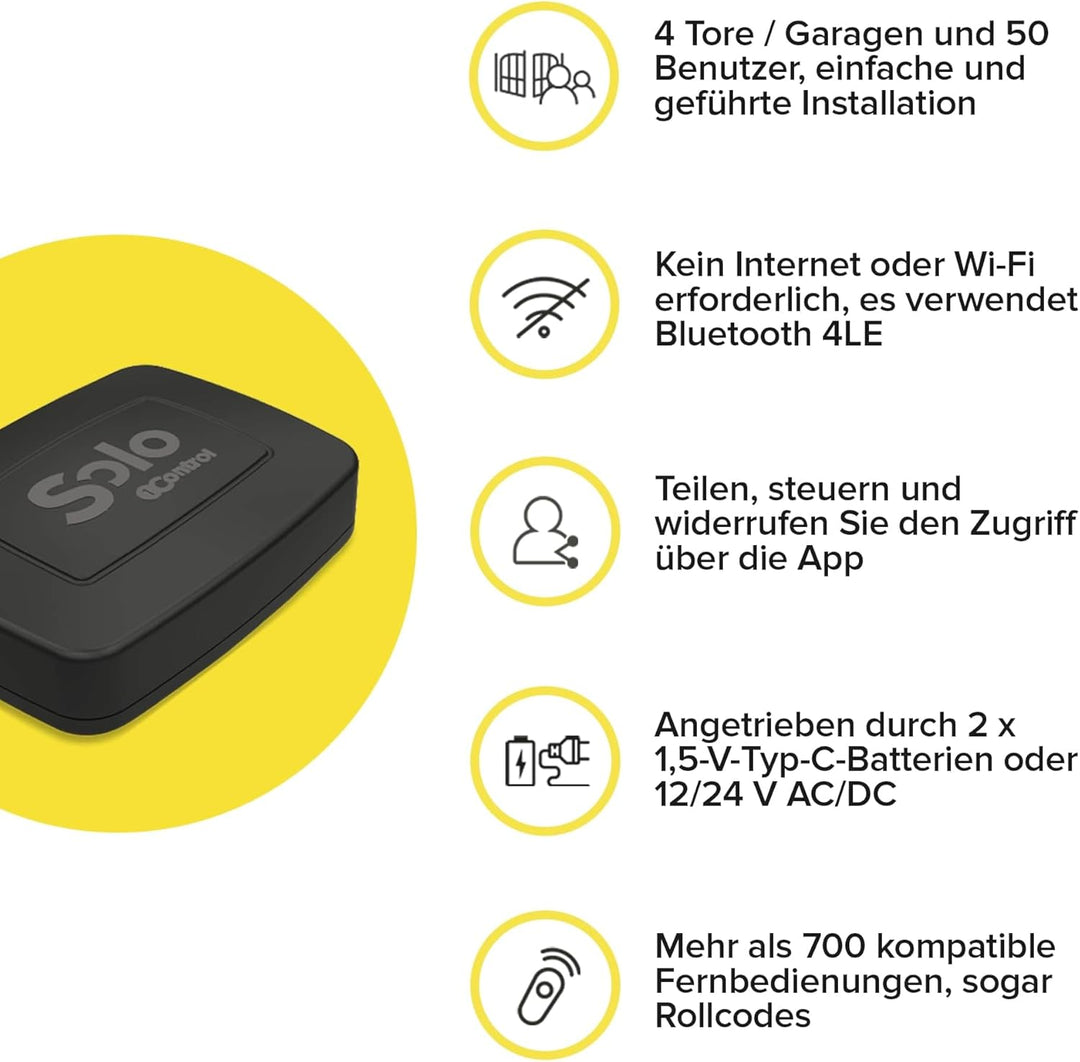 1Control Solo EVO, Drahtloser Bluetooth Toröffner, Garagentoröffner für Mobiltelefon zum Öffnen von