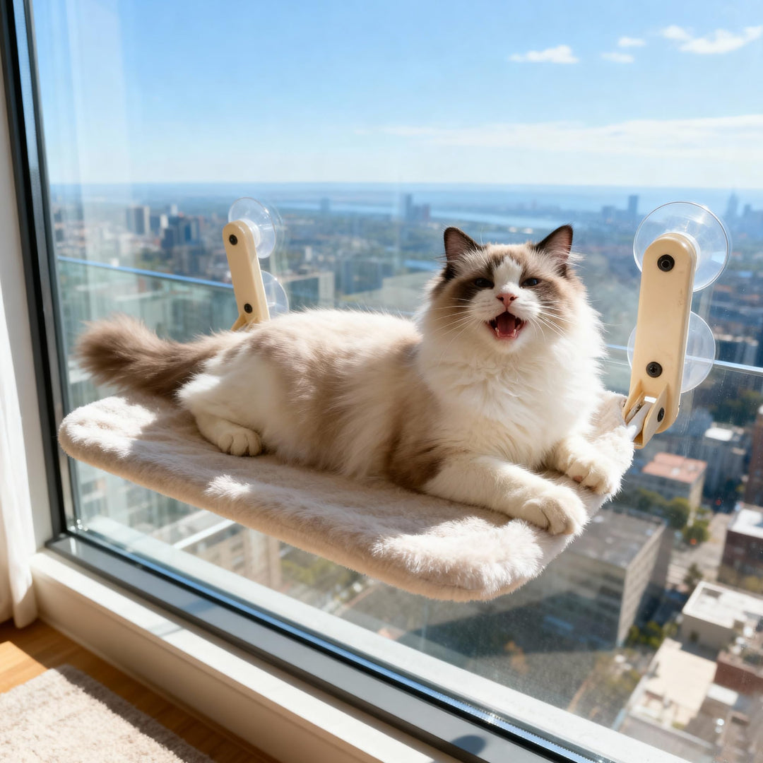 Pet Prime Katzen Fensterliege – 85mm Saugnäpfe & 20kg Tragkraft, Edelstahl-Gestell, 2 Abnehmbare Bez