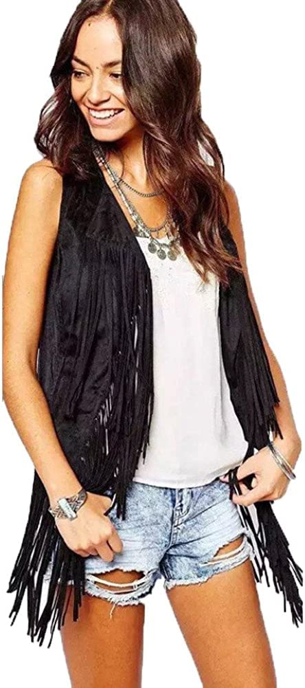 MIMIKRY Fransen Weste in Wildleder-Optik Cowgirl Hippie Indianerin Boho Festival 60er Jahre Western,