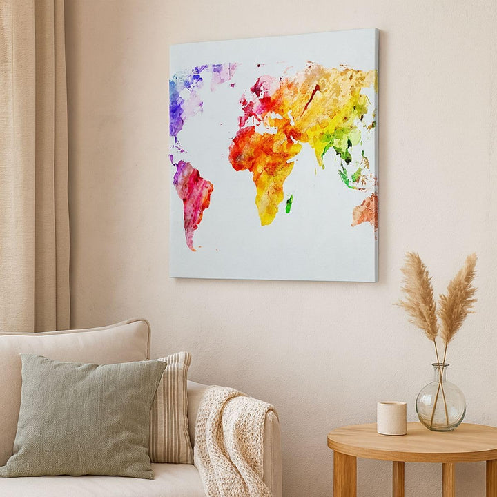Bilder auf Leinwand Welt Karte Bunt Kontinente Leinwandbild 60x60cm Wandbilder Dekoration Wohnzimmer