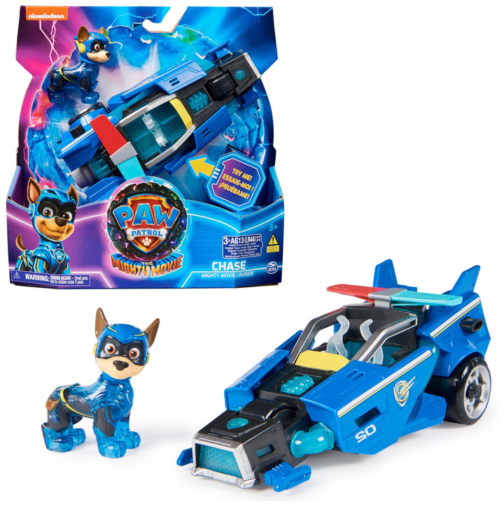 PAW PATROL: Der Mighty Kinofilm, Superhelden-Fahrzeug Spielzeugauto von Chase mit Welpenfigur, Poliz