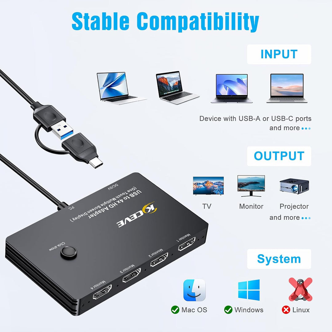 KCEVE USB zu 4 HDMI Adapter, Multi-Monitor-Anzeige 5 Separate Bildschirme, Unterstützung des Mirror/