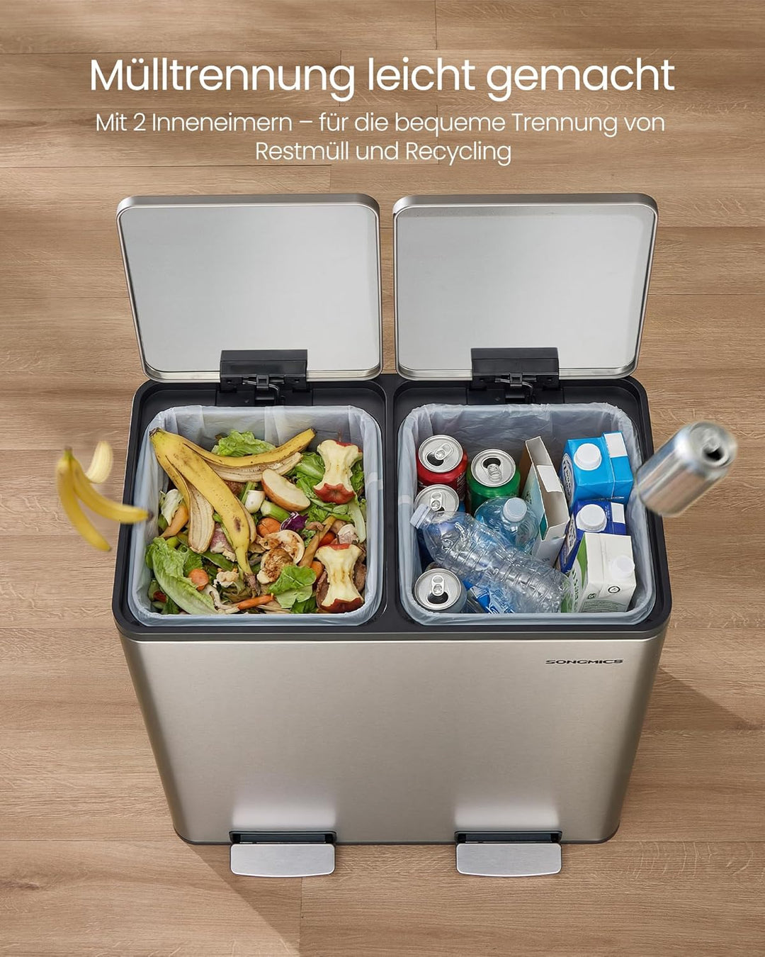 SONGMICS Mülleimer Küche, 2 x 30 L, Mülltrennsystem 2 Fächer, Abfalleimer mit 15 Müllbeuteln, Tretmü