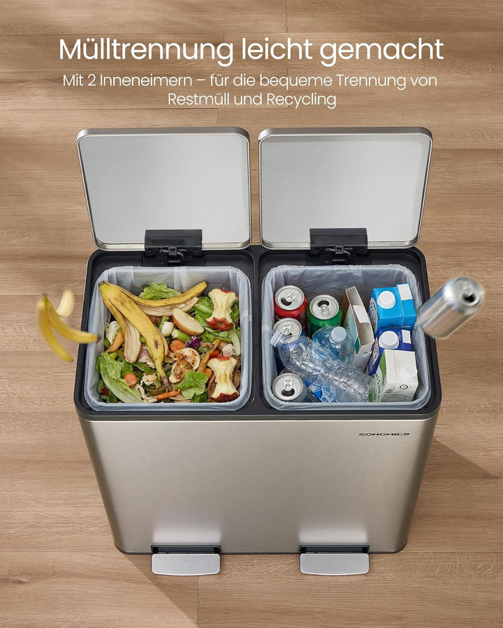 SONGMICS Mülleimer Küche, 2 x 30 L, Mülltrennsystem 2 Fächer, Abfalleimer mit 15 Müllbeuteln, Tretmü