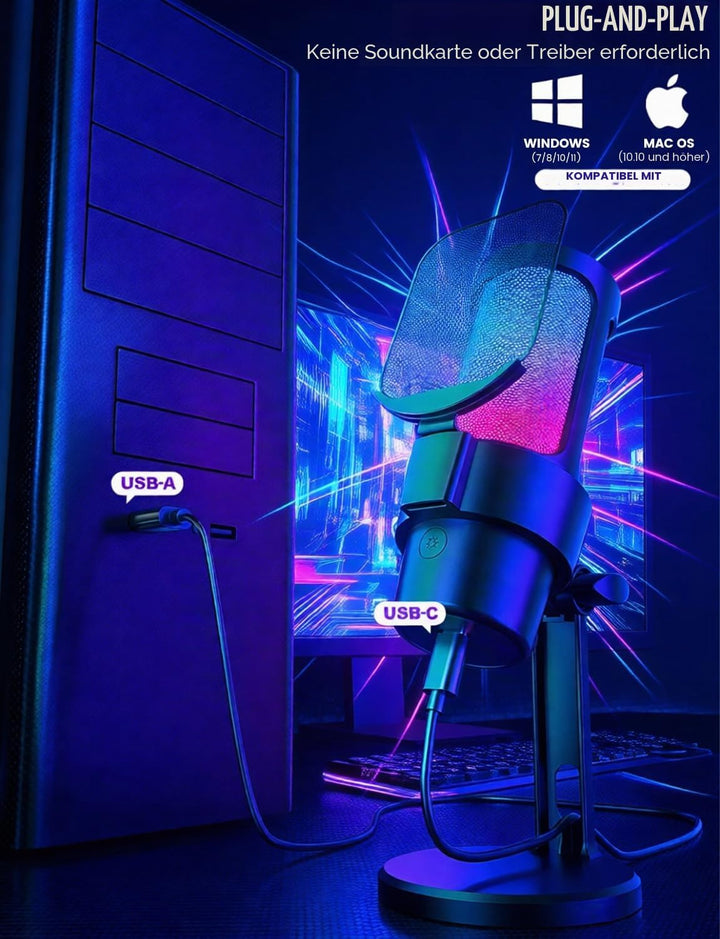 USB Gaming Mikrofon mit Ständer Plug & Play PC Mikrofon mit Mute-Taste, RGB-Beleuchtung, Pop-Filter