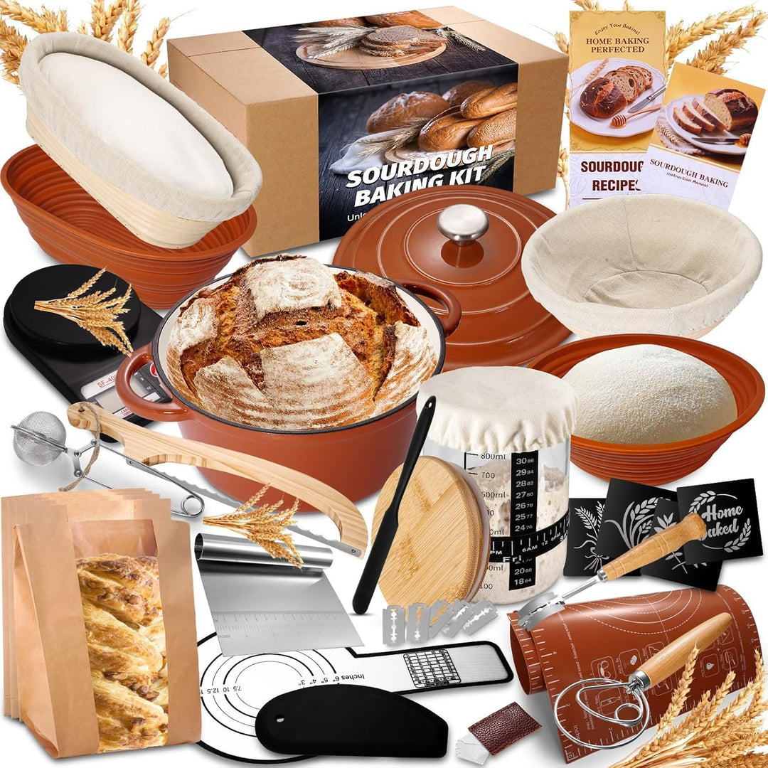 Sauerteig Starter Set mit 26cm Emaille Gusseisen Topf, Rund & Oval Gärkörbchen mit 900ml Sauerteig G