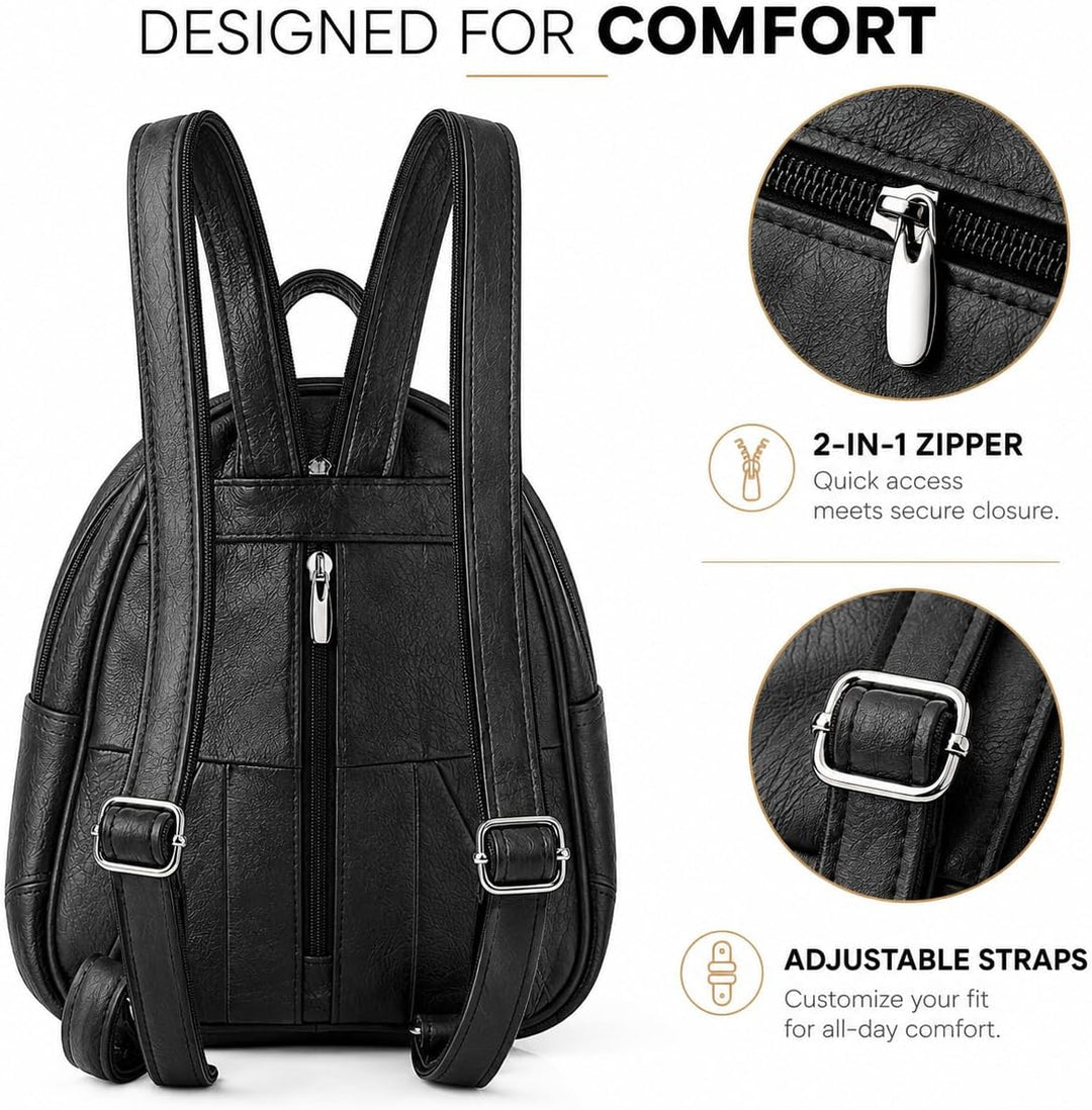Woodland Leathers Modischer Damenrucksack, klein, schwarz, mit Anti-Diebstahl-Reissverschluss und Ha