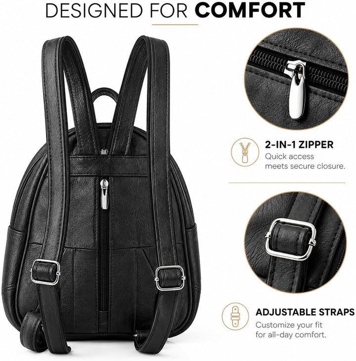 Woodland Leathers Modischer Damenrucksack, klein, schwarz, mit Anti-Diebstahl-Reissverschluss und Ha