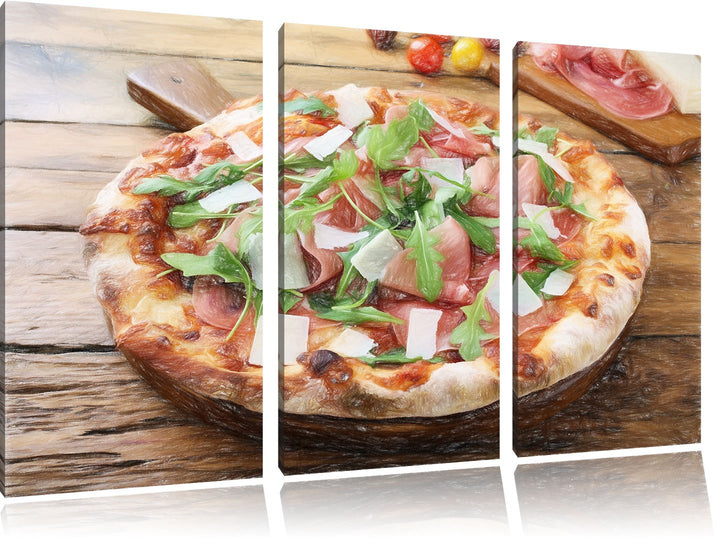 Pixxprint Prosciutto Pizza auf Holztisch / 3-Teilig/Gesamtmass 120cm Leinwandbild bespannt auf Holzr