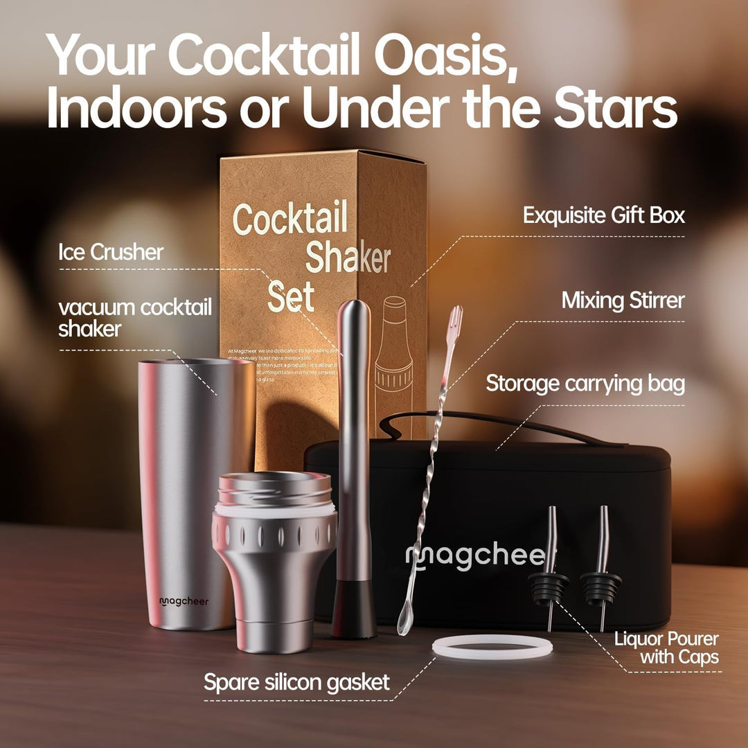 Cocktail Shaker Set mit Integrierter Massskala 900ml Premium Edelstahl Frostsicherer Doppelwand-Bark