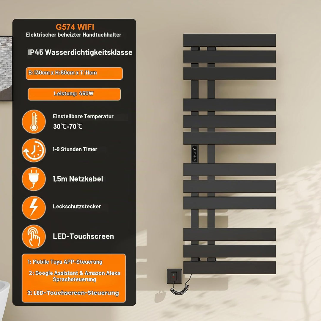 Elektrischer Handtuchhalter, Badheizkörper Elektrisch WiFi Schwarz, 500×1300mm, 450W, für Alexa und