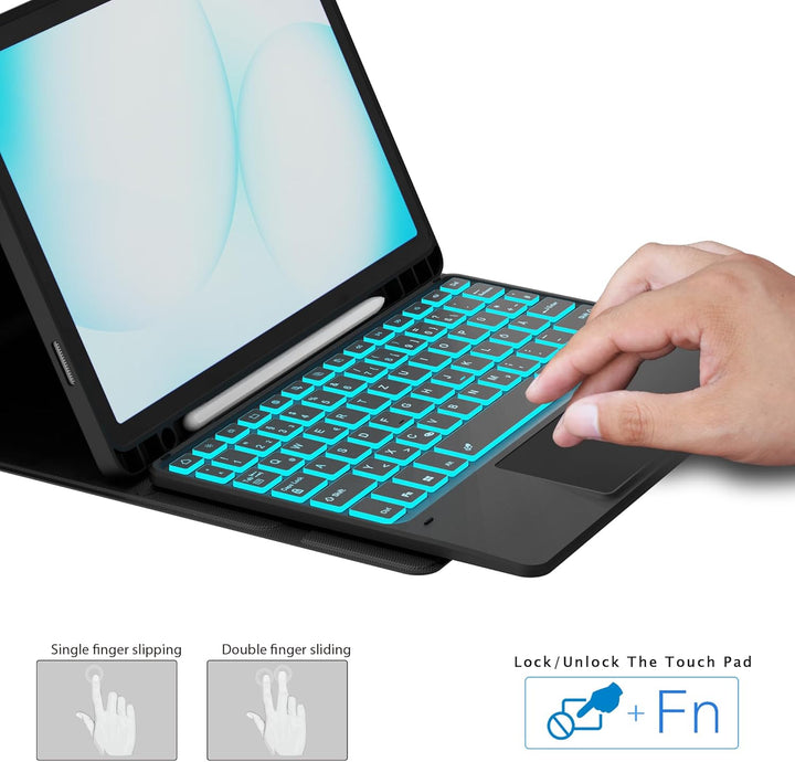 ROOFEI Für Galaxy Tab A11+/A9+ Hülle mit Tastatur - 7 Farben Beleuchtung Abnehmbare Trackpad Tablet