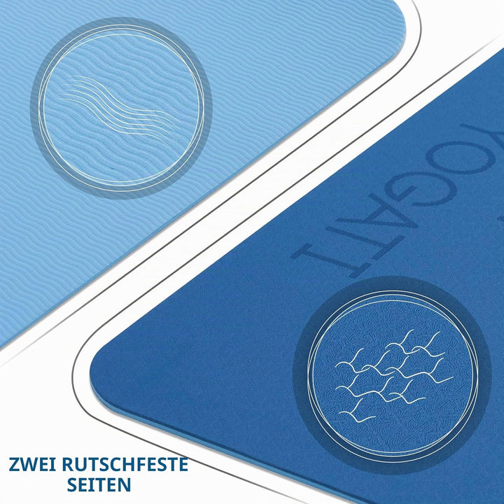 YOGATI Yogamatte rutschfest Schadstofffrei, mit Tragegurt. Yoga Matte mit Ausrichtungslinien. Ideal